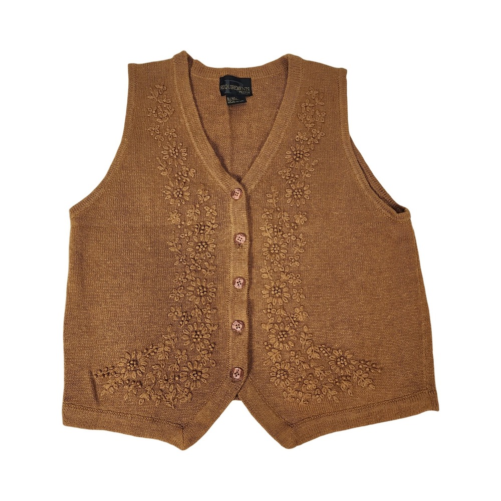 Vintage Requirements Petite Brown Floral Flower Knit Sweater Vest Button L